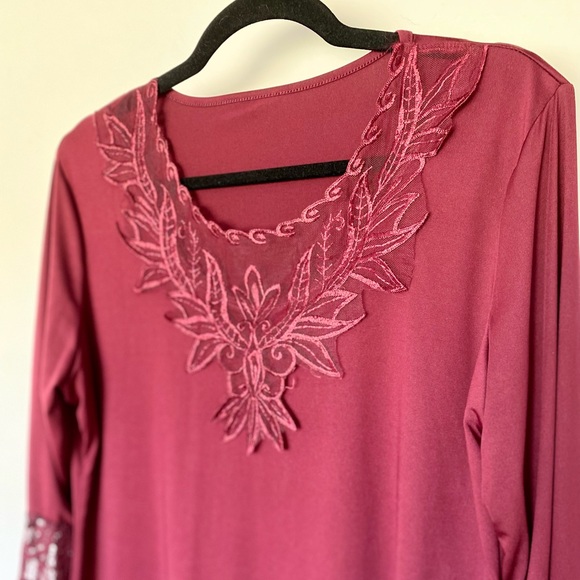 $5 Add On | Burgundy Lace Detail Long Sleeve Top - Picture 2 of 4